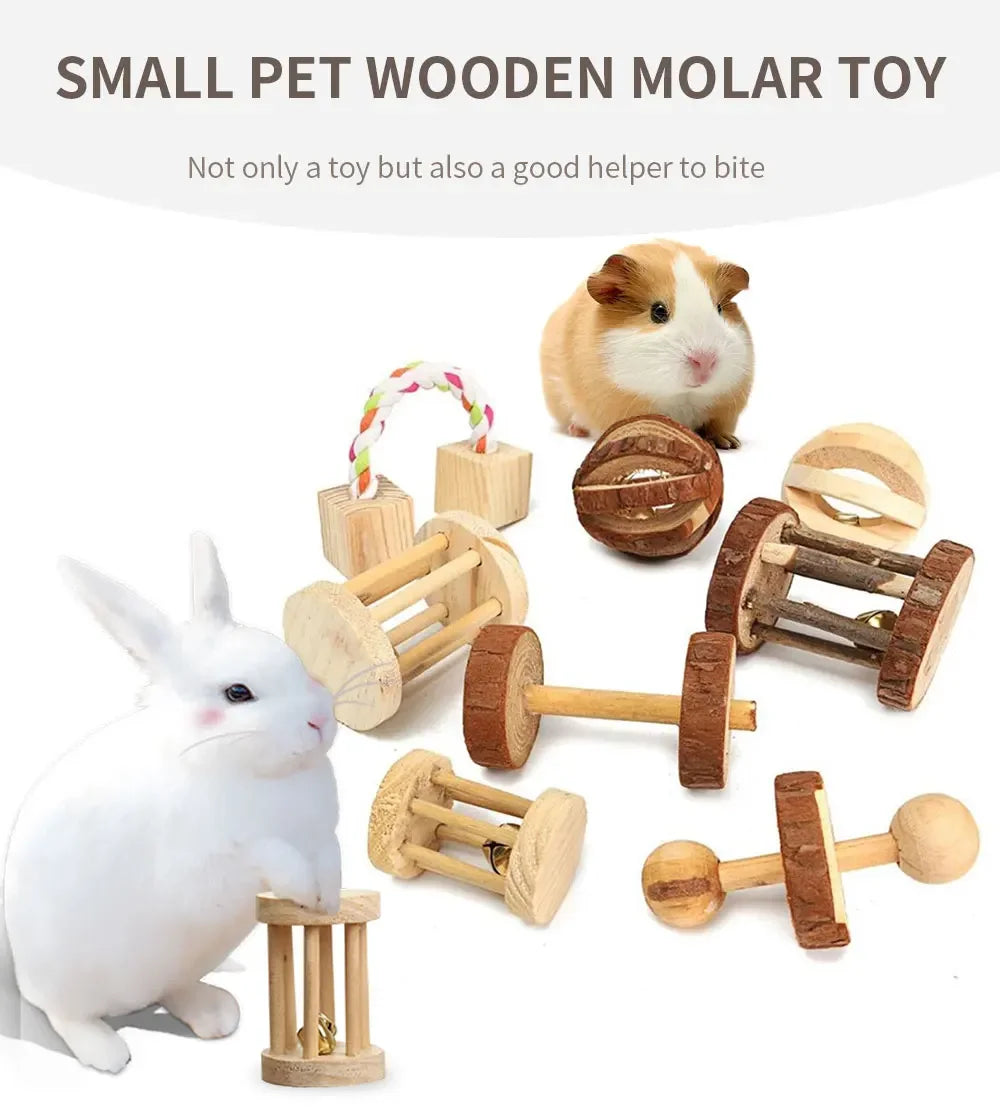 Wooden Rabbit Roller Toy – Natural Chew Dumbbell with Bell for Small Pets