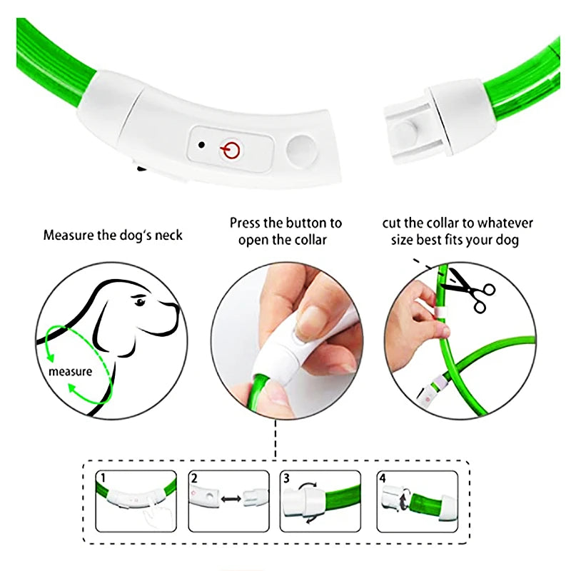 USB Rechargeable LED Glowing Pet Collar – Adjustable Night Light Safety Collar for Dogs & Cats