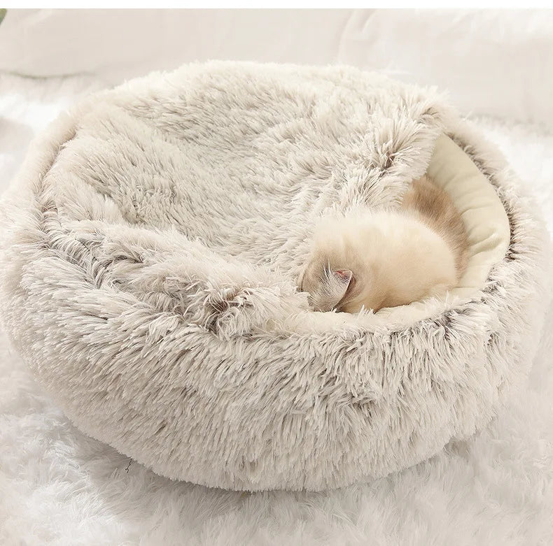 Autumn & Winter Plush Pet Bed – Semi-Enclosed Shell Cat Nest for Cozy Warmth