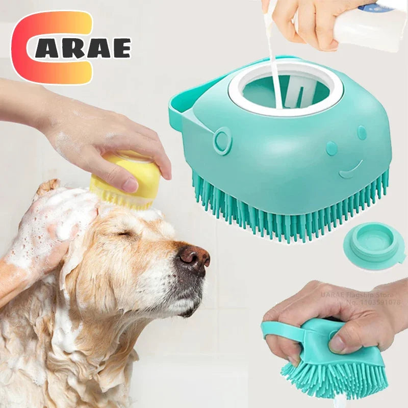 2-in-1 Dog Bathing Brush with Shampoo Dispenser – Soft Silicone Pet Massage & Grooming Brush for Dogs & Cats