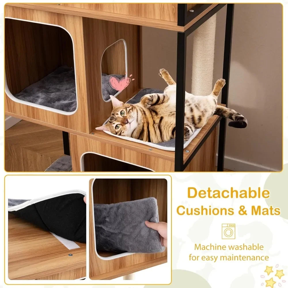 🐾 52" Wooden Cat Tree – Multi-Level Tower with Metal Frame & Sisal Scratching Posts