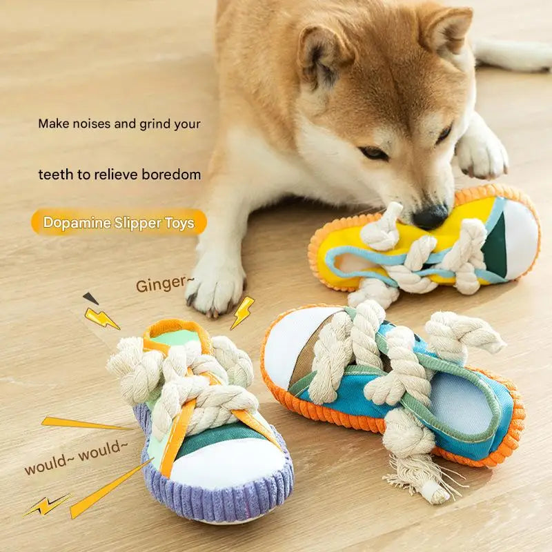 Dog Slippers Shape Squeaky Chew Toy with Cotton Rope – Bite Resistant & Teeth Grinding Pet Toy