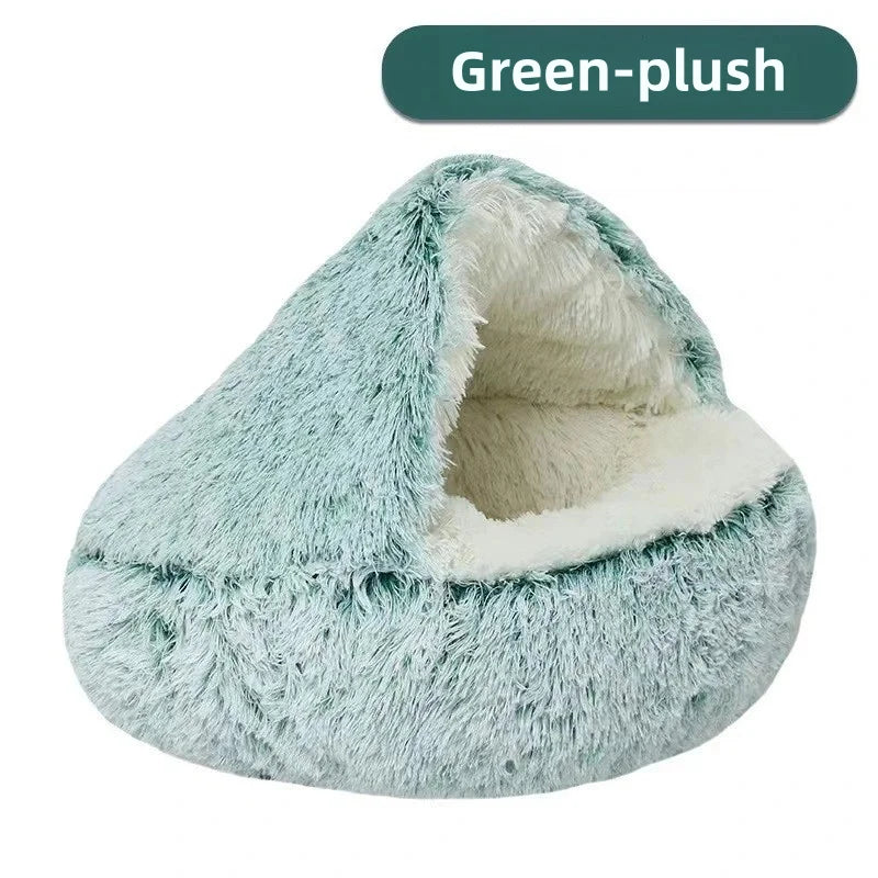 Autumn & Winter Plush Pet Bed – Semi-Enclosed Shell Cat Nest for Cozy Warmth
