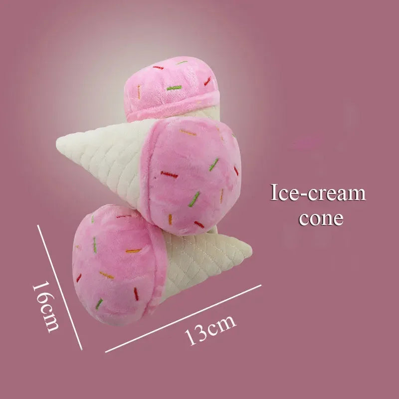 🧸 Plush Dog Toys – Squeaky Soft Pet Chew Toys (Ice Cream, Fries, Hamburger)