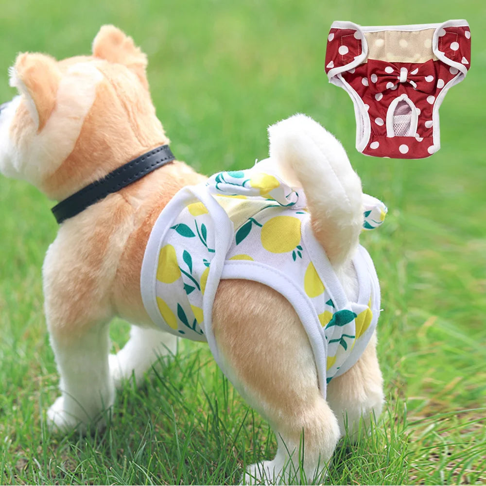 Washable Dog Diapers – Cute Cartoon Print Female Puppy Panties with Bow
