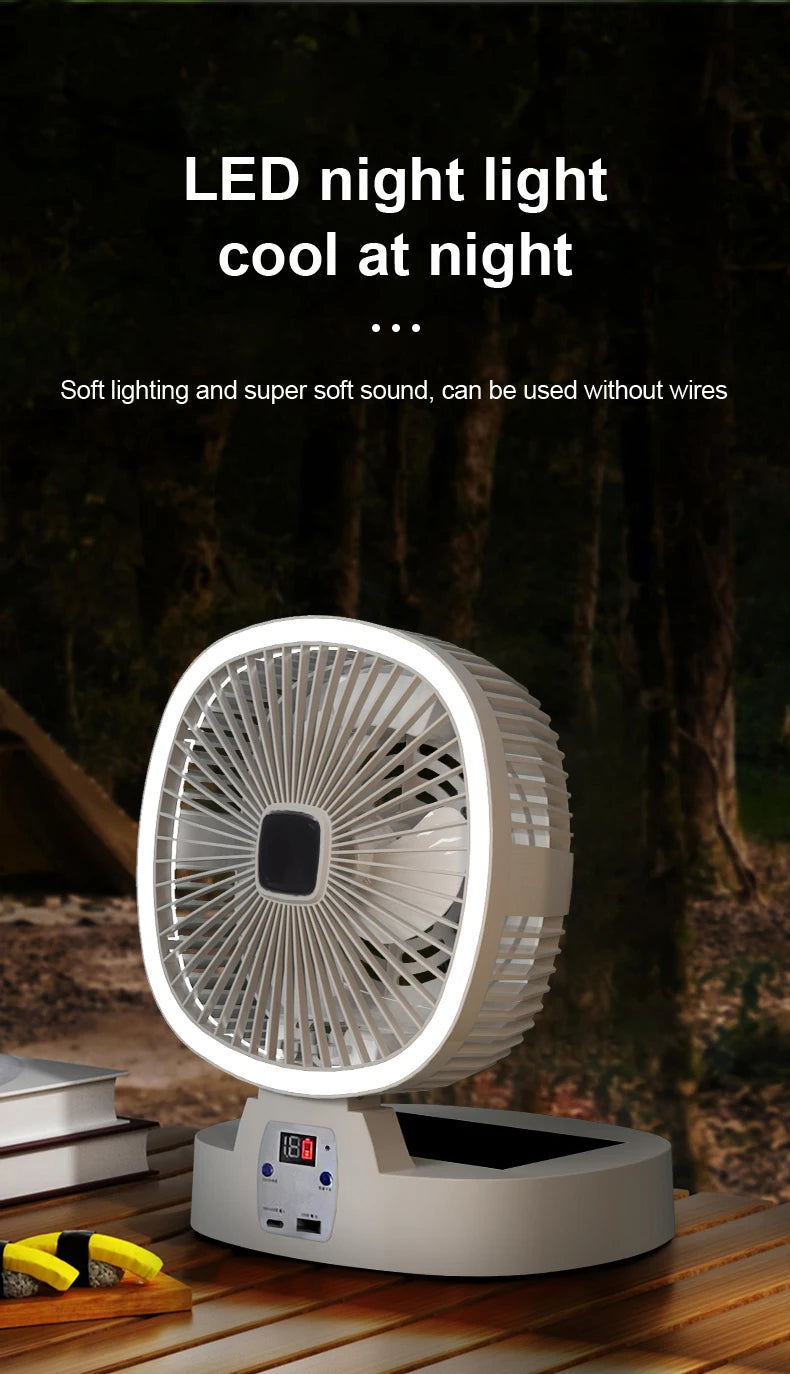 Outdoor Solar Camping Fan – 5 Speeds, LED Light, USB Rechargeable & Power Bank Function, Quiet Portable Electric Fan