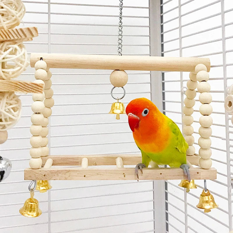8Pcs Parrot Bird Toys Set – Natural Wood Swing, Perch, and Climbing Toys for Training and Enrichment