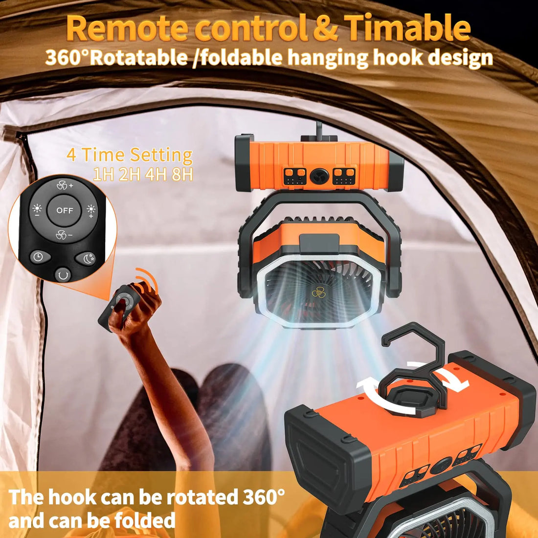 🌬️ 20000mAh / 10000mAh USB Rechargeable Camping Fan – Portable Wireless Air Circulator with Hook & 270° Head Rotation