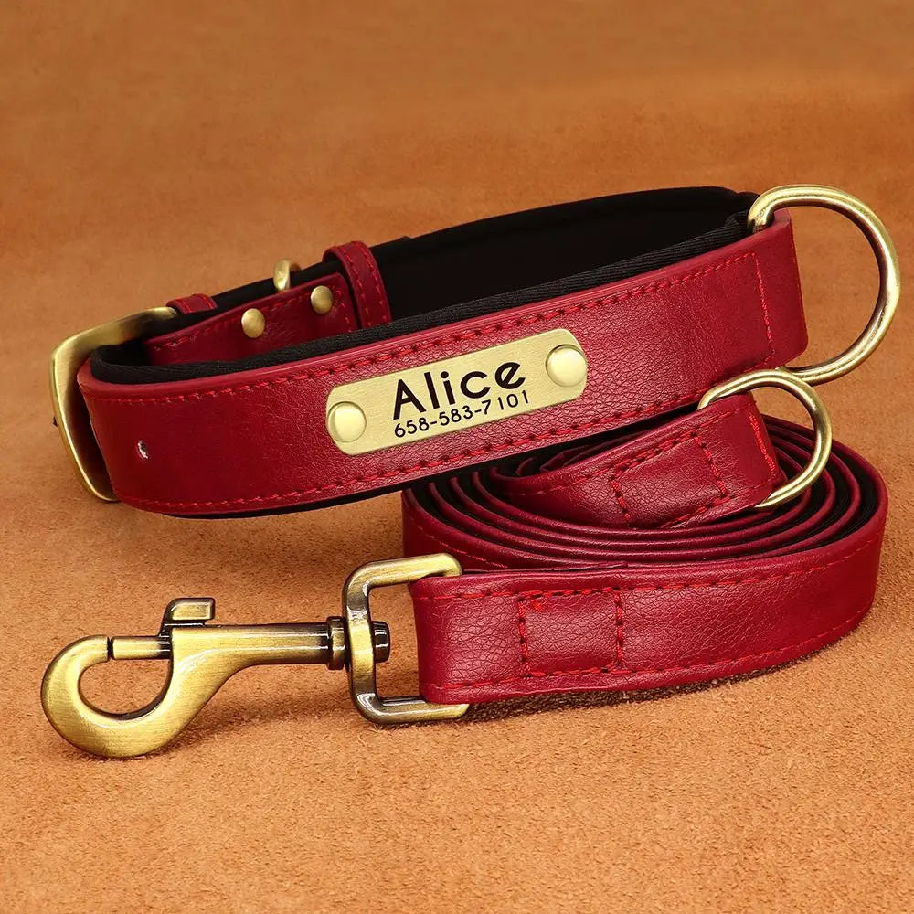Custom Leather Dog Collar & Leash Set – Soft Padded with Engraved Nameplate