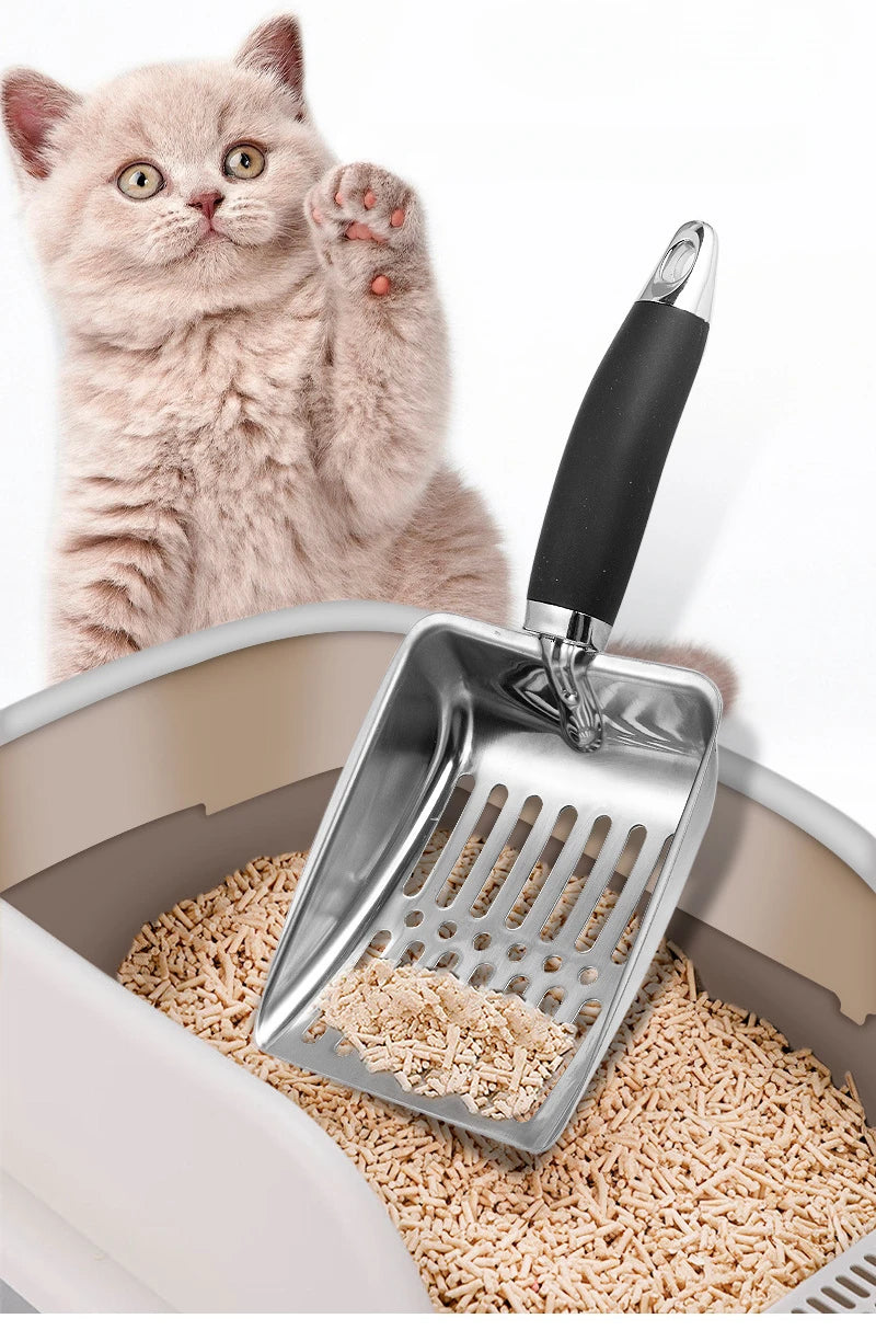 Stainless Steel Cat Litter Scoop with Rubber Handle – Durable Metal Kitty Scooper with Sturdy Mesh Filter for Easy Litter Cleaning