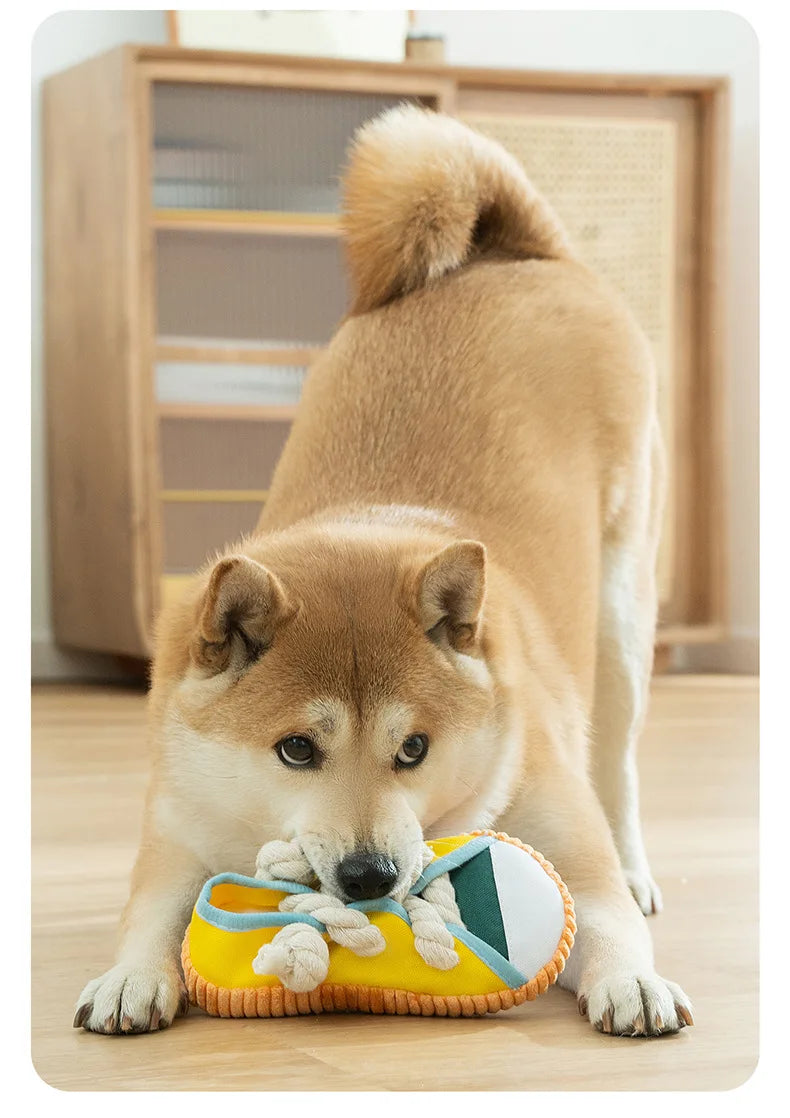 Dog Slippers Shape Squeaky Chew Toy with Cotton Rope – Bite Resistant & Teeth Grinding Pet Toy
