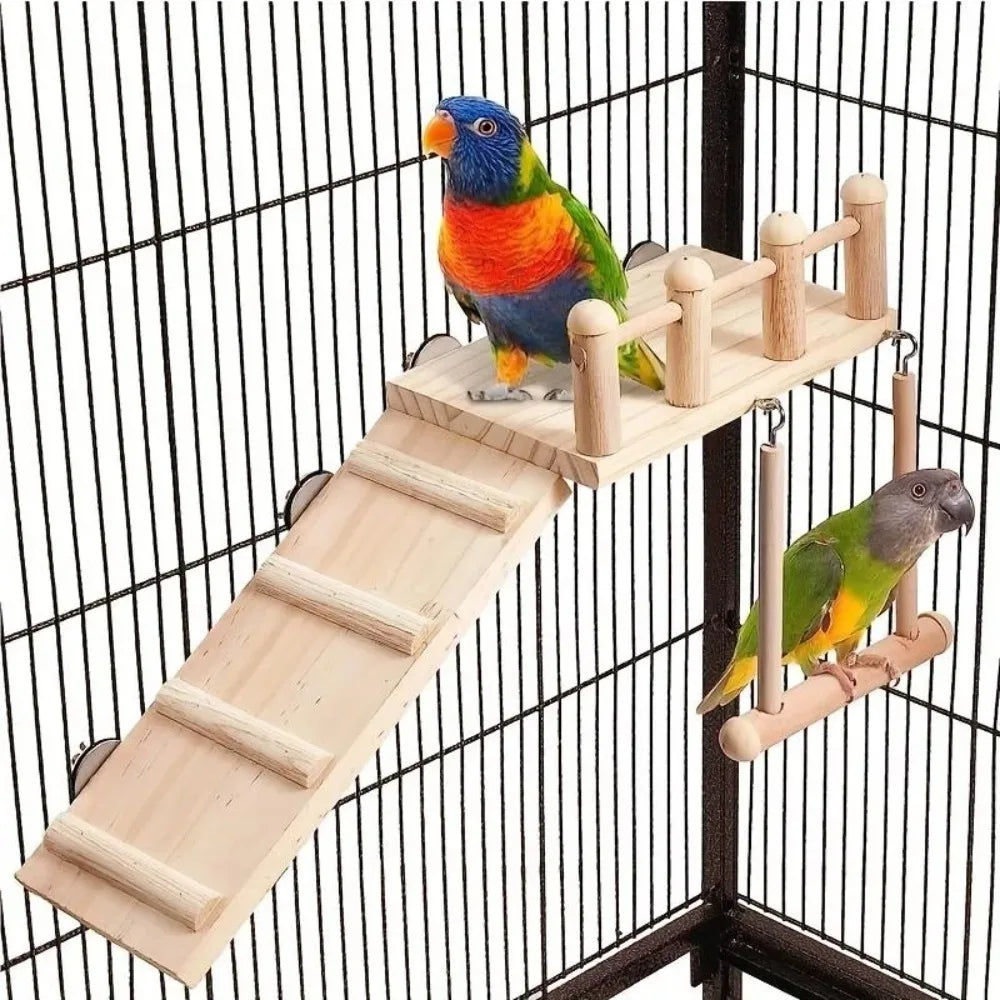 Bird Cage Toys Set – Wooden Perches, Swings & Climbing Ladders for Parrots
