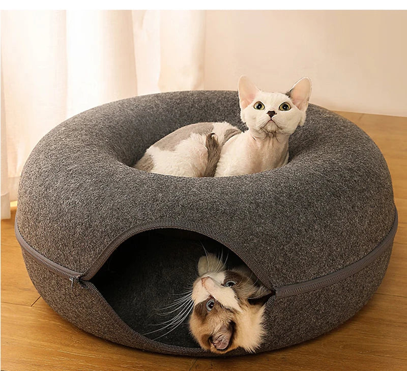 Donut Cat Bed Tunnel for 2 Cats – Interactive Felt Cat Nest & Play House with Toys