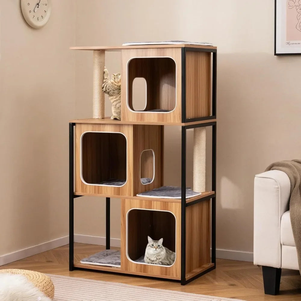 🐾 52" Wooden Cat Tree – Multi-Level Tower with Metal Frame & Sisal Scratching Posts