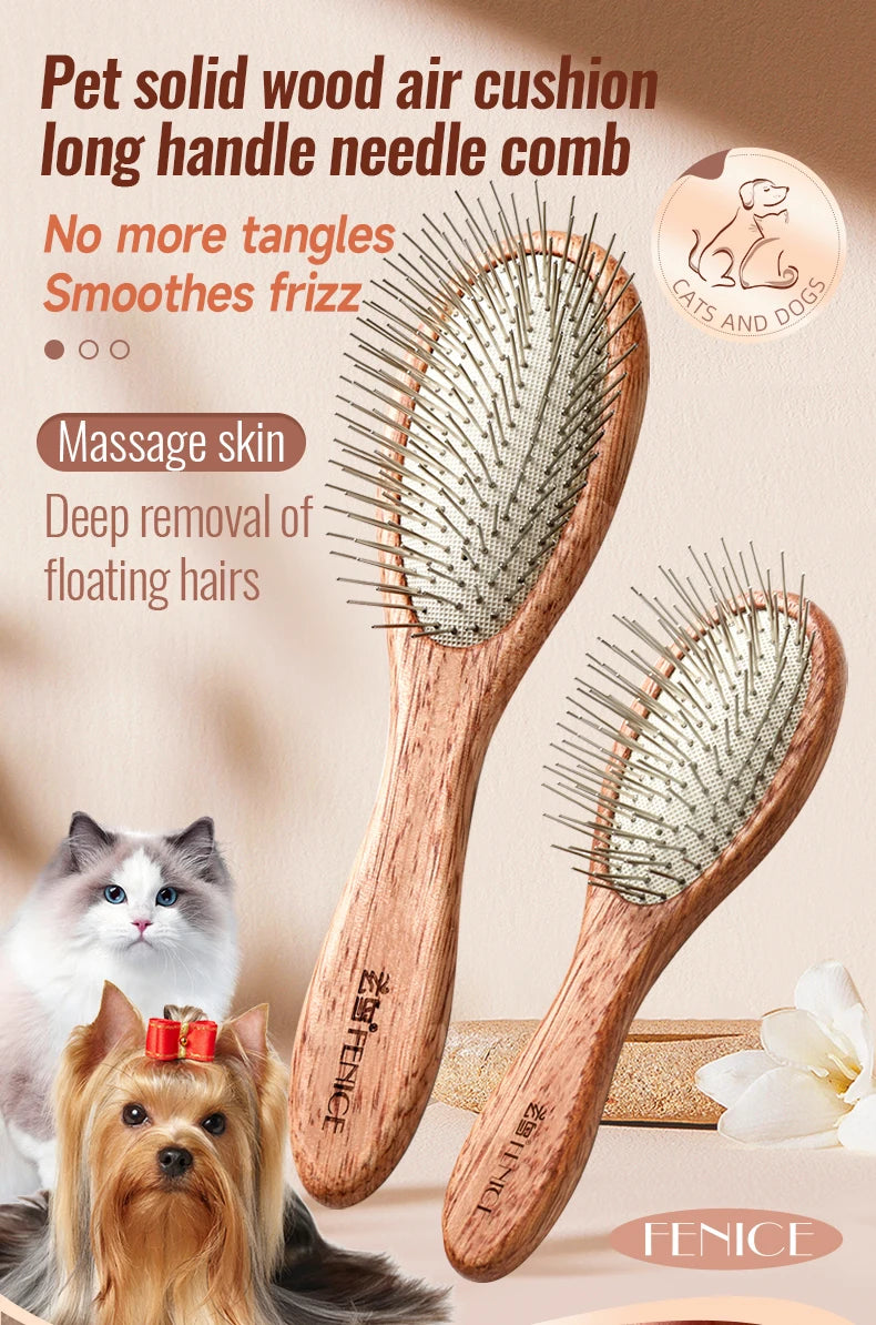Fenice Wooden Handle Pet Comb – Professional Dog & Cat Grooming Hair Remover Brush