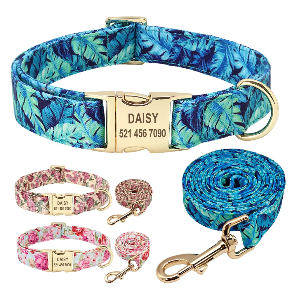 Personalized Floral Dog Collar & Leash Set – Custom Engraved Pet ID