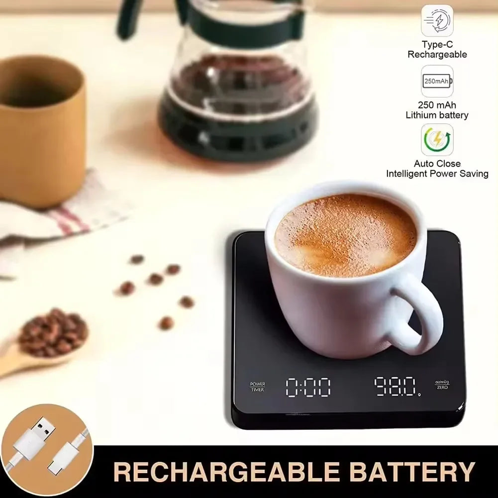 ☕ Digital Rechargeable Coffee Scale with Timer – LED Screen, USB Charging, 3kg Max, 0.1g Precision