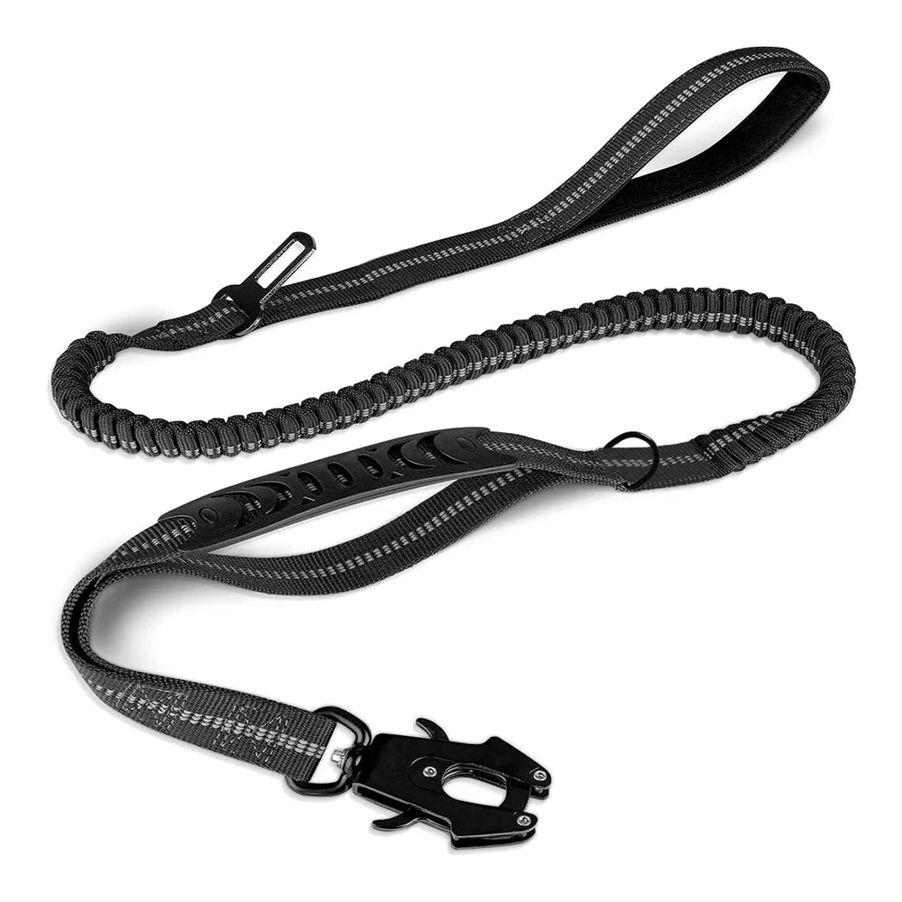 Reflective Tactical Bungee Dog Leash with Car Seatbelt – Shock-Absorbing, No-Pull Lead