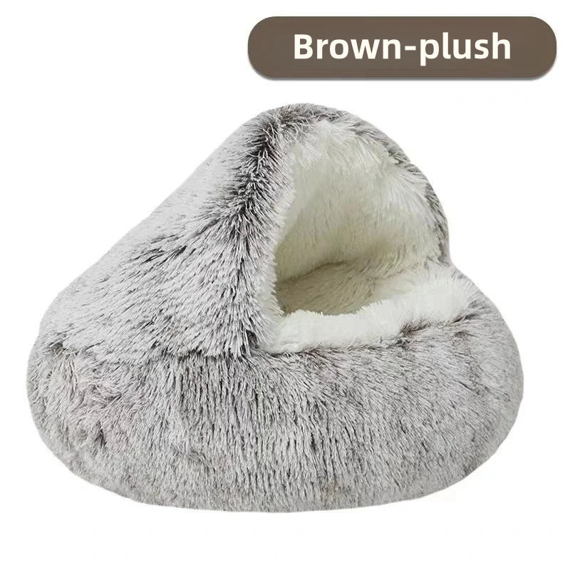 Autumn & Winter Plush Pet Bed – Semi-Enclosed Shell Cat Nest for Cozy Warmth