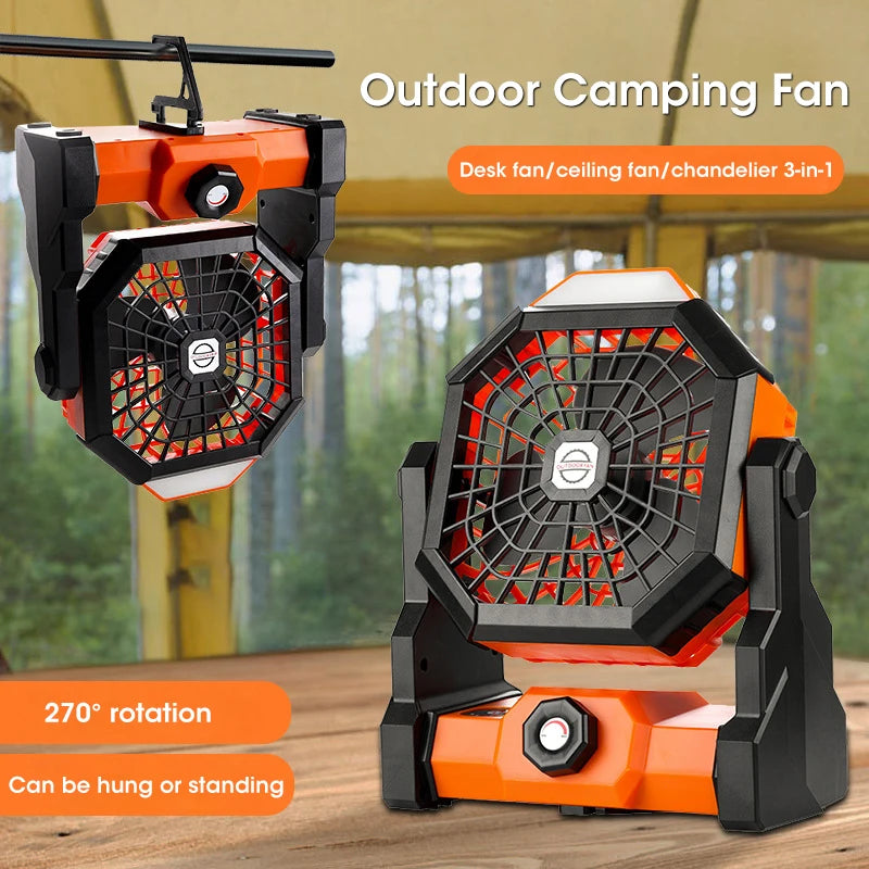 2024 Rechargeable Camping Fan with LED Light – 7800mAh Battery, Hook & Desk Mount for Tent, Car, or Outdoor Trips