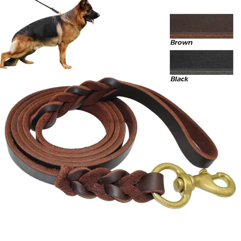 Genuine Leather Dog Leash – Braided Long Pet Walking & Training Lead for Medium & Large Dogs (Brown/Black)