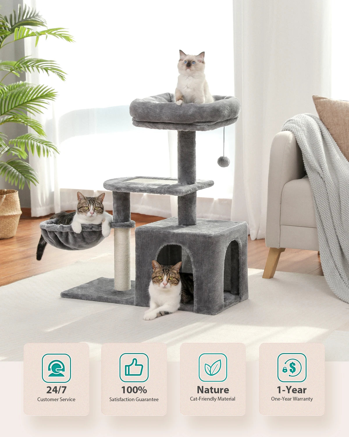 Cat Tree Tower – Scratching Posts, Hammock & Perch