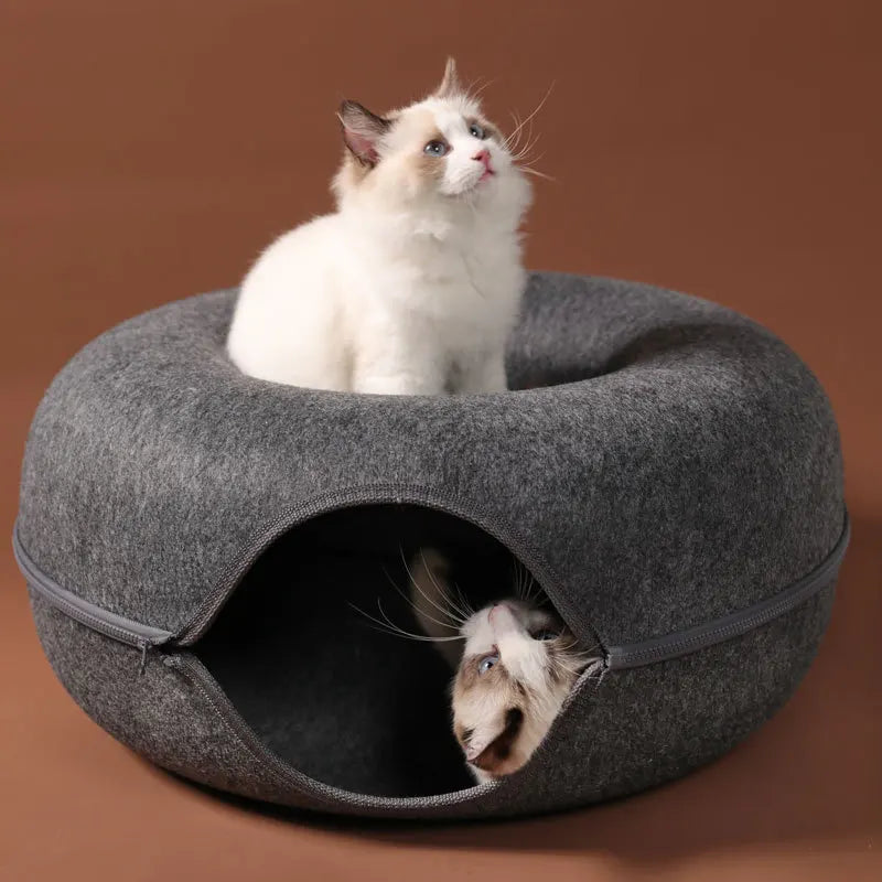 Donut Cat Bed Tunnel for 2 Cats – Interactive Felt Cat Nest & Play House with Toys