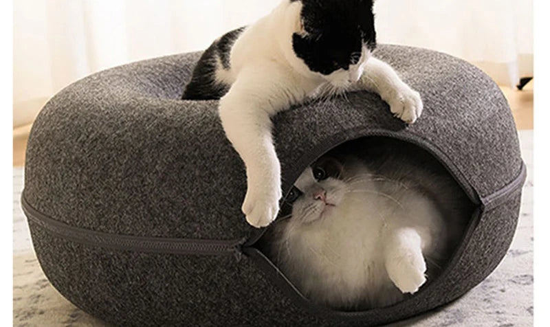 Donut Cat Bed Tunnel for 2 Cats – Interactive Felt Cat Nest & Play House with Toys
