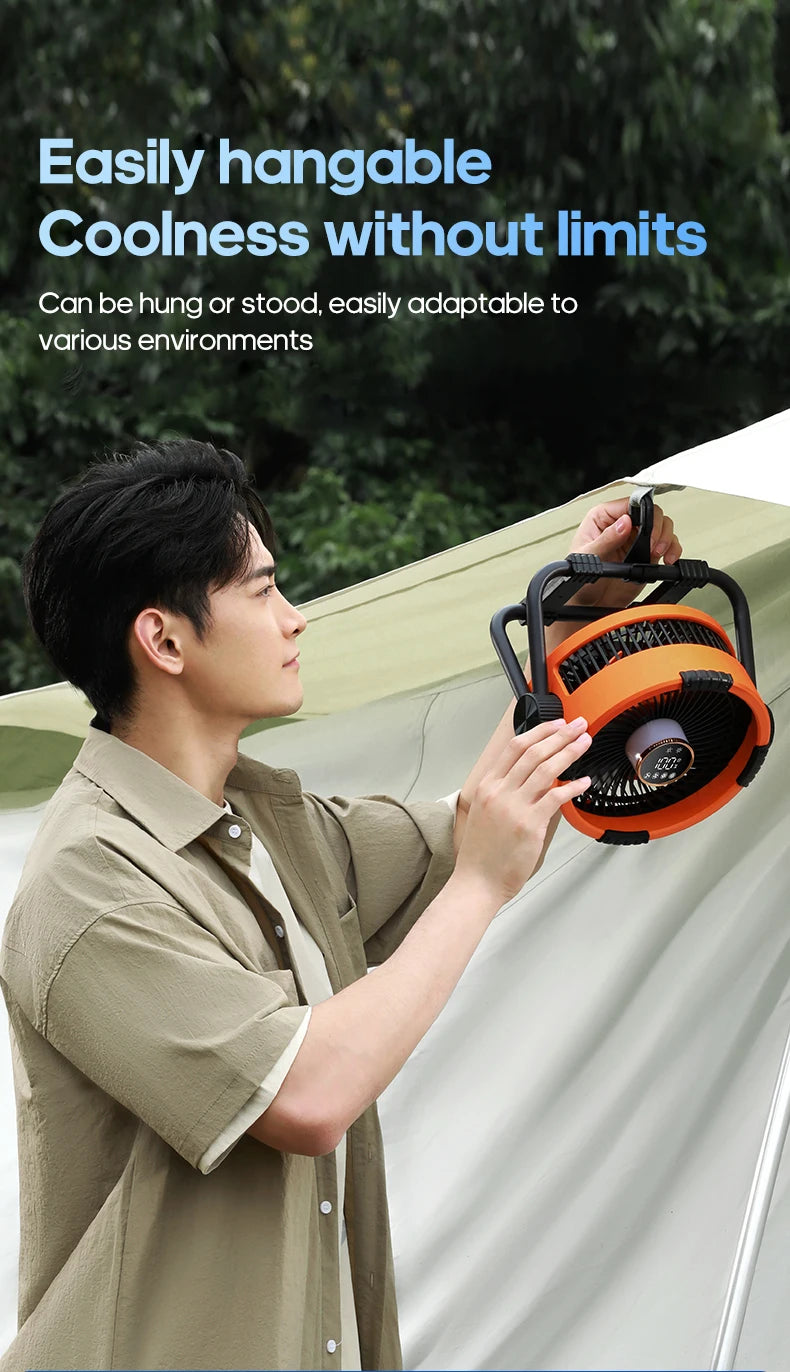 6-in-1 Outdoor Camping Fan – 20000mAh Rechargeable Ceiling & Desktop Fan with LED Light, Hook & Wireless Operation