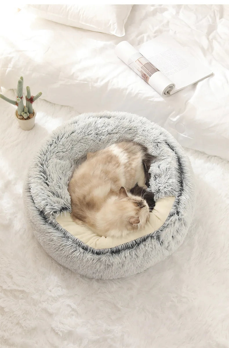 Autumn & Winter Plush Pet Bed – Semi-Enclosed Shell Cat Nest for Cozy Warmth