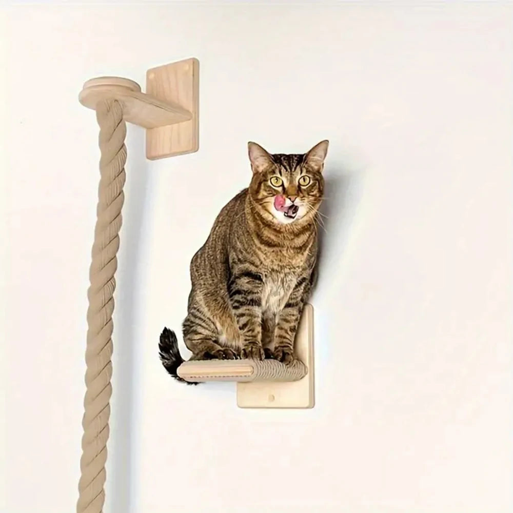🐾 Wall-Mounted Cat Climbing Rope with Solid Wooden Pedals – Indoor Kitten Training & Claw Grinding Furniture