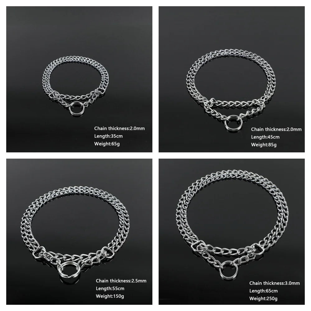 Adjustable Double Row Metal Dog Collar – 35-65cm Triple Ring Explosion-Proof Telescopic Chain for Training & Control