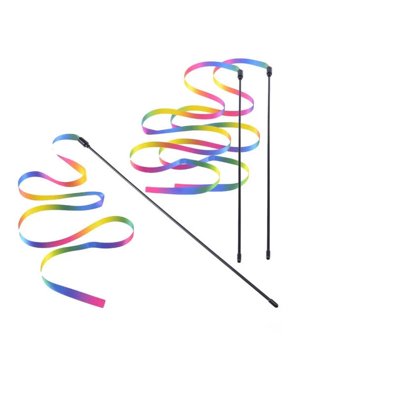 Rainbow Ribbon Cat Teaser Wand – Colorful Interactive Stick Toy for Cats