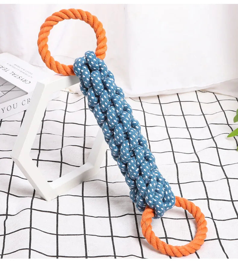 Double-Ring Chewable Cotton Knot Dog Toy – Durable Braided Rope for Teething & Dental Cleaning