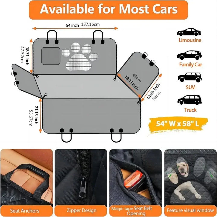 🐾 100% Waterproof Dog Car Seat Cover – Back Seat Hammock with Mesh Window & Side Zipper Protection