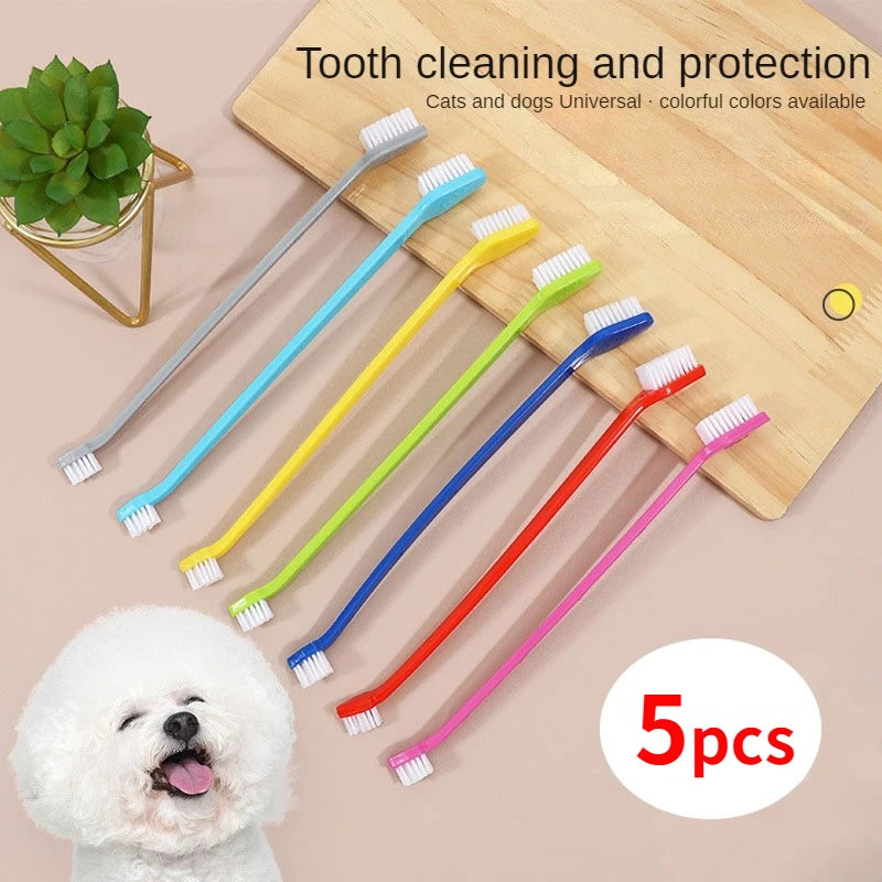 5pcs/set Long Handle Double-Head Pet Toothbrush – Soft Bristle Dog & Cat Teeth Cleaning Oral Care Kit