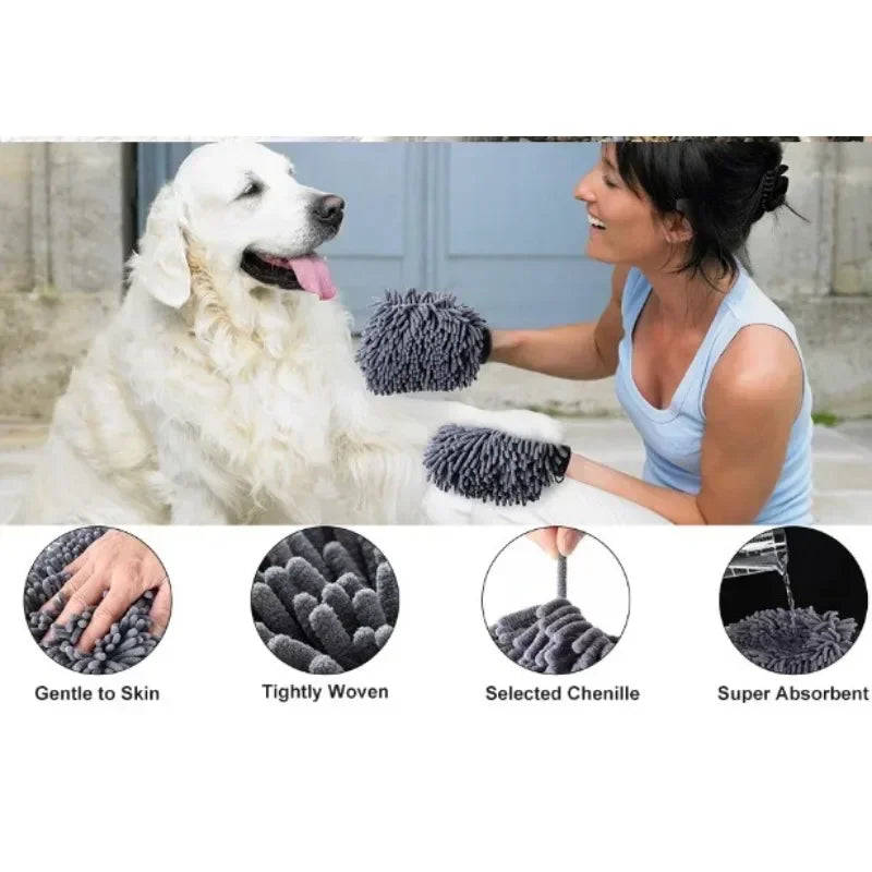 Pet Grooming Glove Towel – Quick-Dry Chenille Mitt for Dogs (All Sizes)