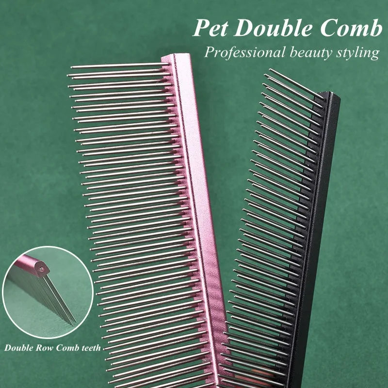 Double Row Dog & Cat Grooming Comb – Stainless Steel Pet Hairbrush for Shedding & Styling
