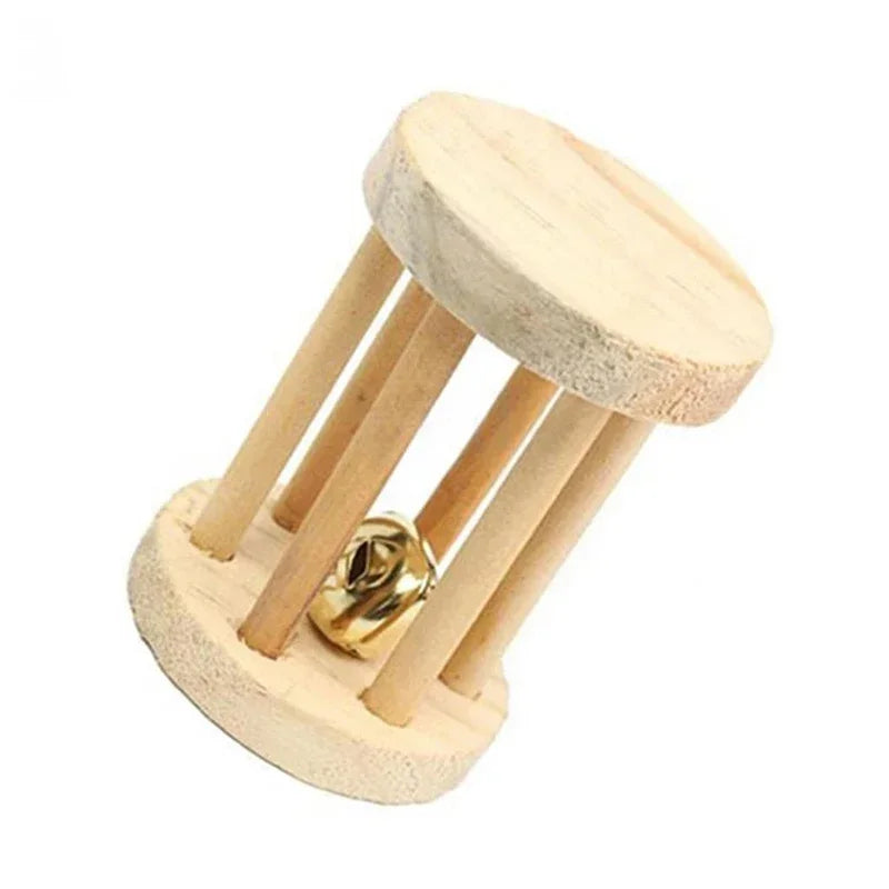 Wooden Rabbit Roller Toy – Natural Chew Dumbbell with Bell for Small Pets
