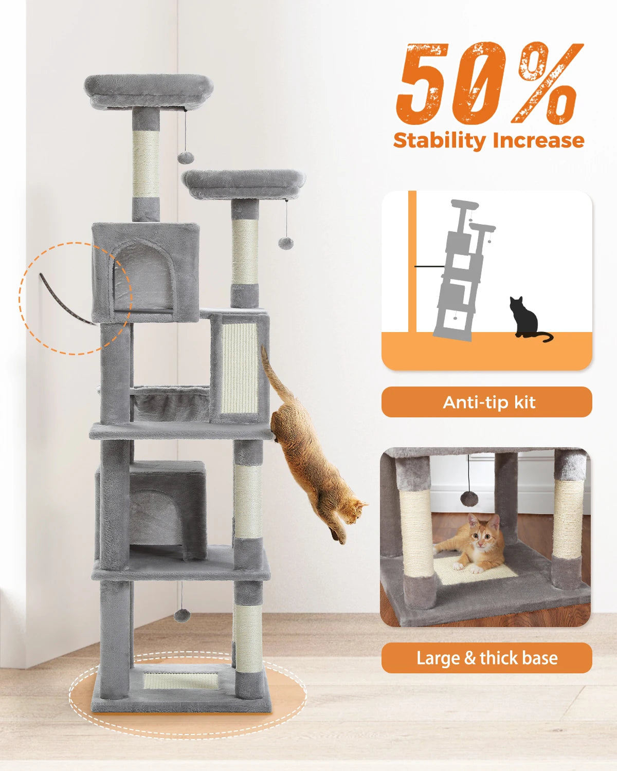 🐾 H180CM Large Cat Tree – Multi-Level Tower with Condos, Perches, Hammock & Sisal Posts
