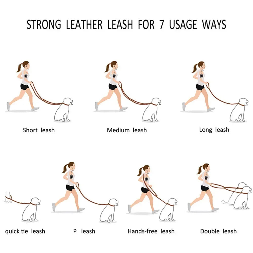 🐕 Genuine Leather Hands-Free Service Dog Leash – 7-in-1 Multi-Function Crossbody Pet Lead