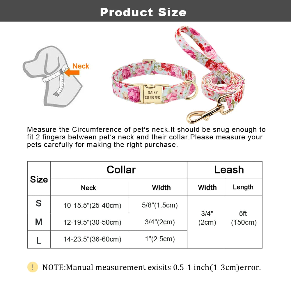 Personalized Floral Dog Collar & Leash Set – Custom Engraved Pet ID