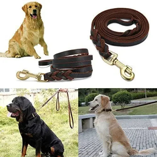 Genuine Leather Dog Leash – Braided Long Pet Walking & Training Lead for Medium & Large Dogs (Brown/Black)