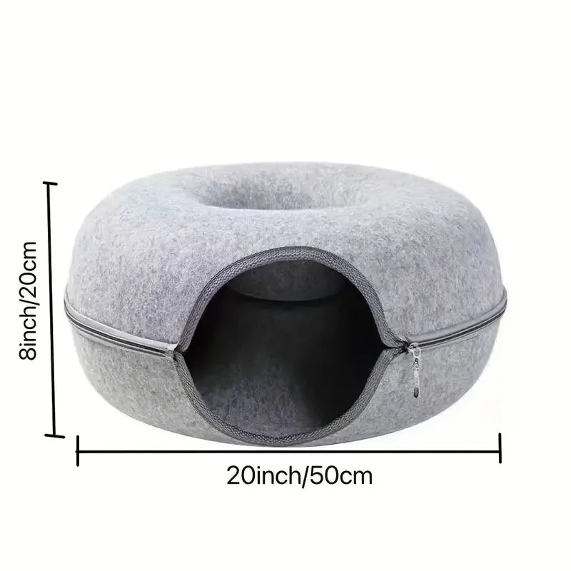 Felt Tunnel Cat Nest with Window – Round Donut Cat Bed, Detachable & Washable All-Season Pet Nest