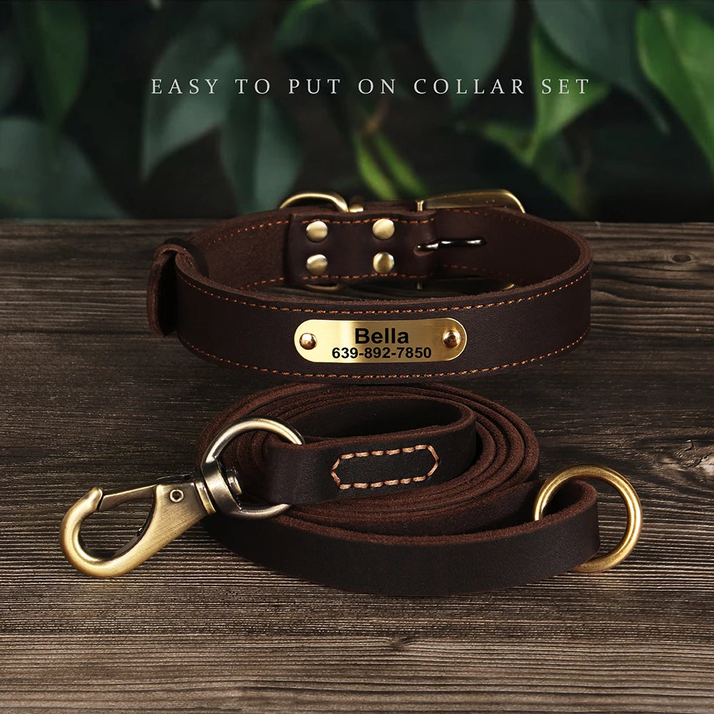 Personalized Leather Dog Collar & Leash Set – Engraved ID for Small to Large Dogs