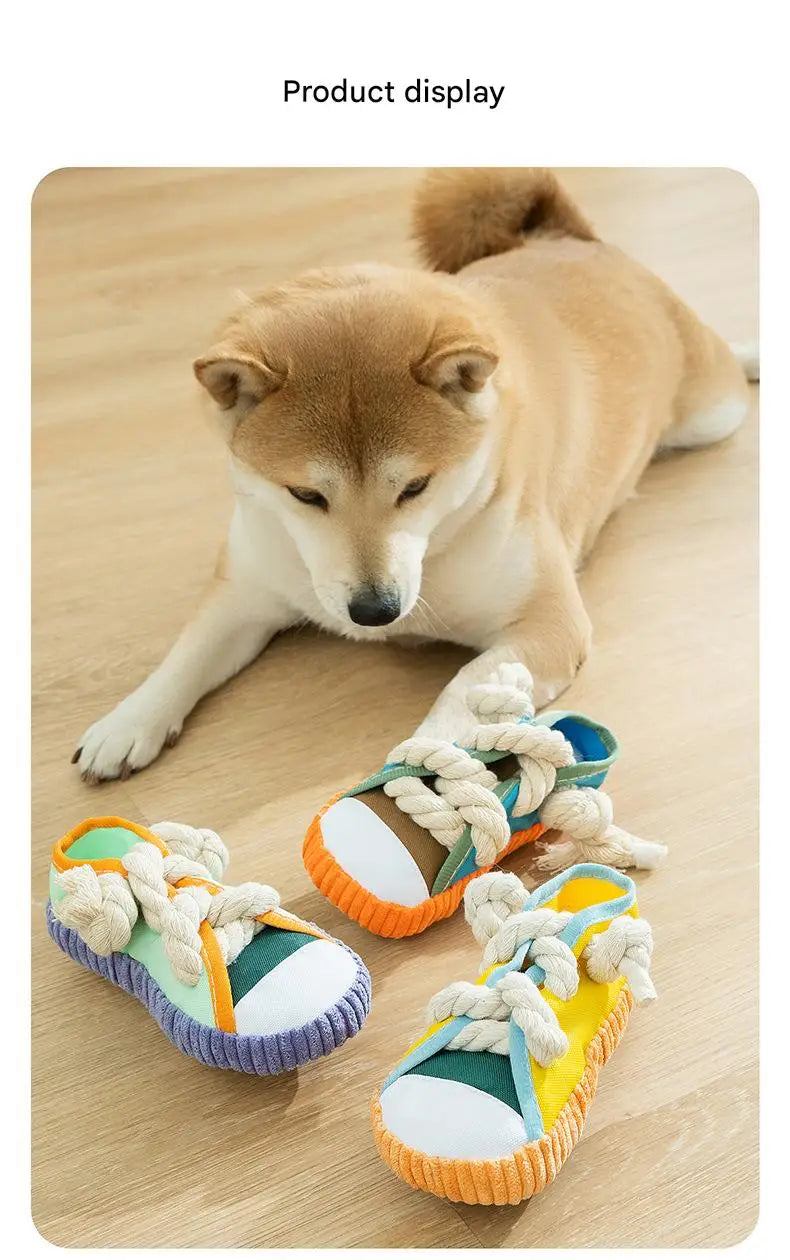 Dog Slippers Shape Squeaky Chew Toy with Cotton Rope – Bite Resistant & Teeth Grinding Pet Toy