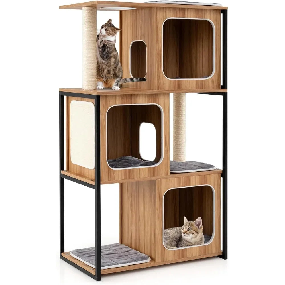 🐾 52" Wooden Cat Tree – Multi-Level Tower with Metal Frame & Sisal Scratching Posts