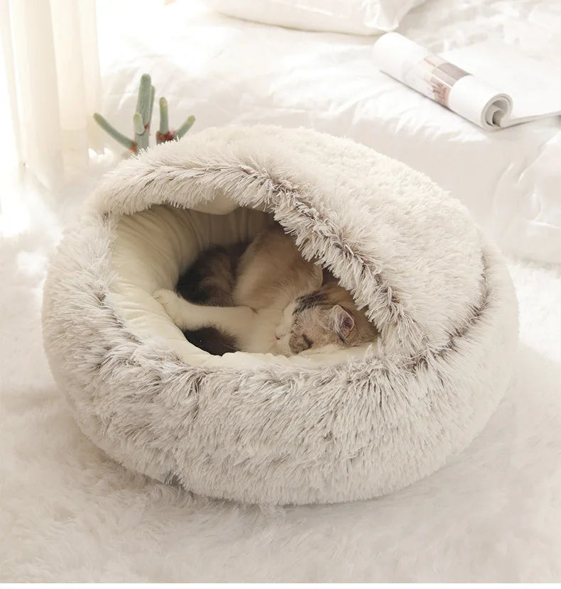 Autumn & Winter Plush Pet Bed – Semi-Enclosed Shell Cat Nest for Cozy Warmth