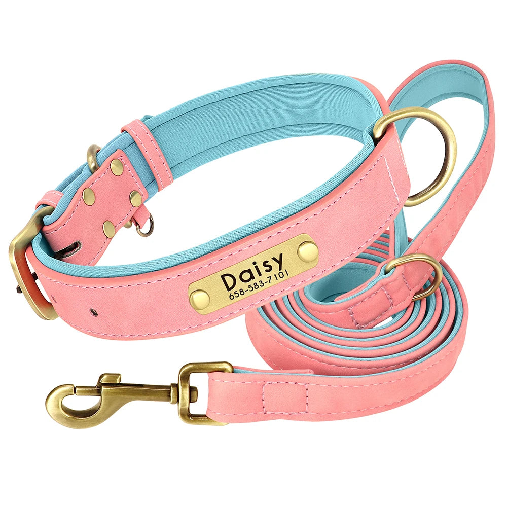 Custom Leather Dog Collar & Leash Set – Soft Padded with Engraved Nameplate