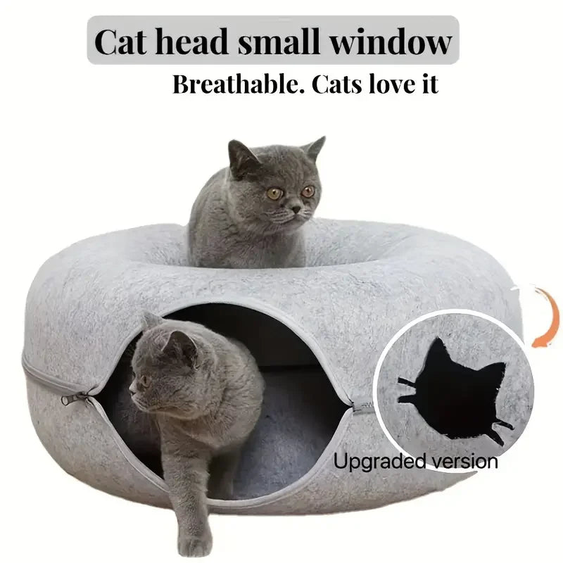 Felt Tunnel Cat Nest with Window – Round Donut Cat Bed, Detachable & Washable All-Season Pet Nest